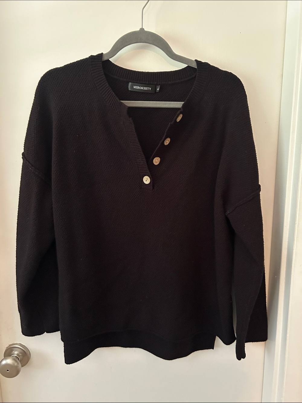Mirokeety Black Button-Front Crewneck Sweater